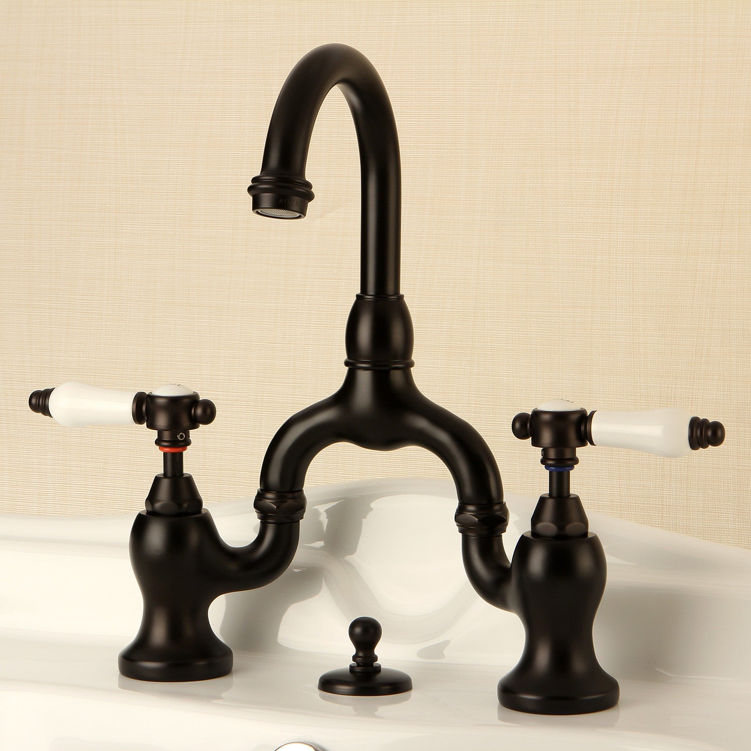 Kingston Heirloom KS7995BPL - Bel-Air Two-Handle 3-Hole Deck Mount Bridge Bathroom Faucet with Brass Pop-Up, Oil Rubbed Bronze — thumbnail 2